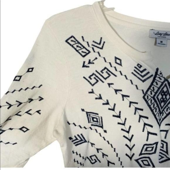 Lucky Brand Boho Embroidered Pullover Shirt Ivory Blue Size Medium - Picture 3 of 6